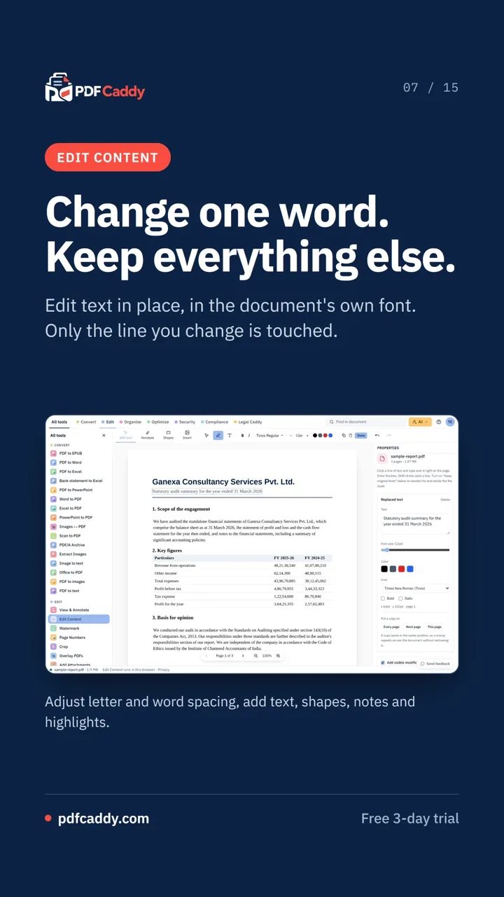 Edit content: change one word in the document's own font and keep everything else