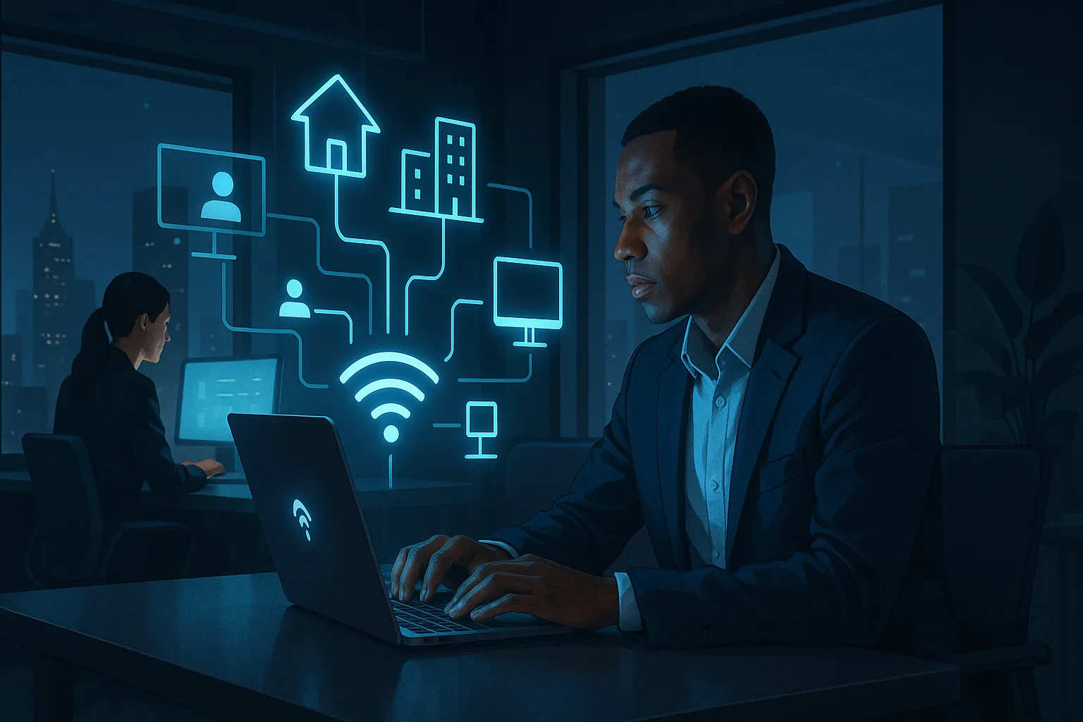 Hybrid team collaborating with AI-enabled tools